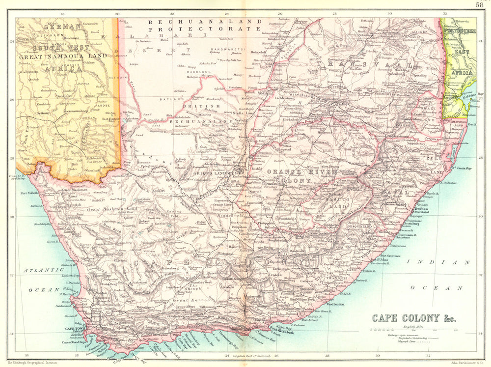 SOUTH AFRICA. Cape Colony Natal Transvaal Orange River Colony Botswana 1909 map