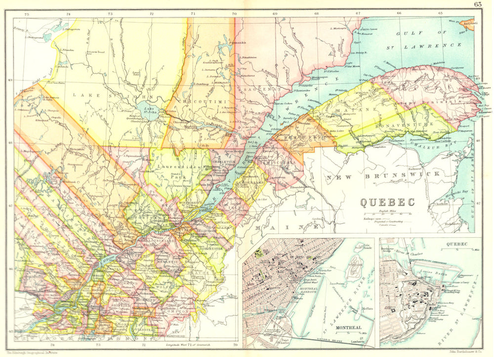 QUEBEC.Showing counties. Inset Montreal; Quebec City. Canada. Québec 1909 map