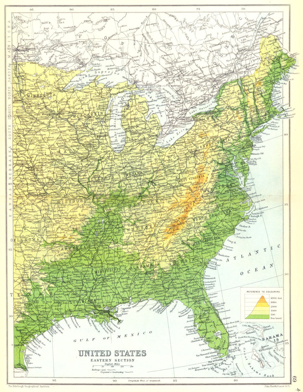 USA EAST. United States physical showing railways open & projected. 1909 map
