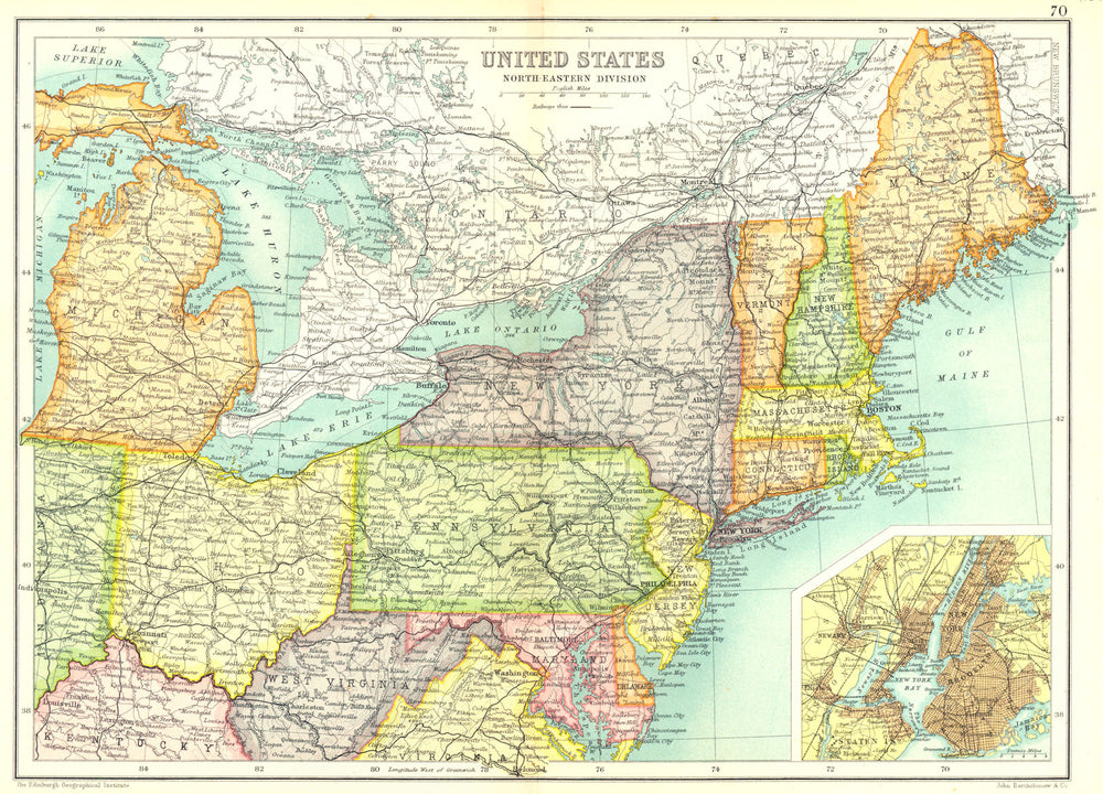 USA NORTH EAST. Physical. Railways. Inset New York City. Cassells. 1909 map