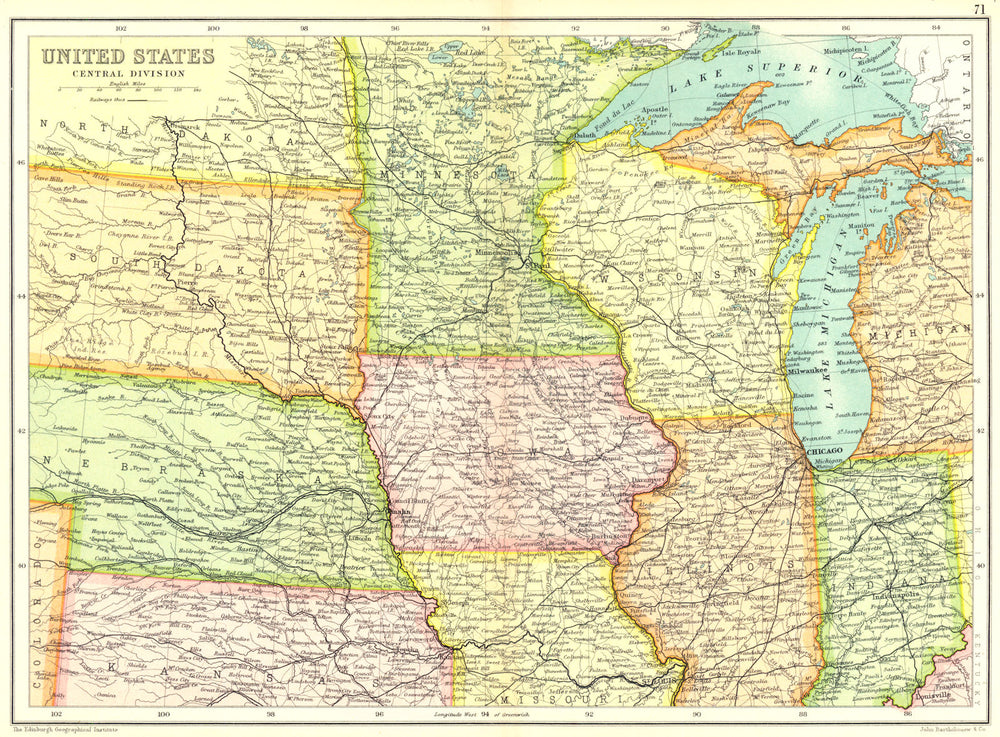USA MIDWEST. United States. Physical. Showing railways.Cassells. 1909 old map