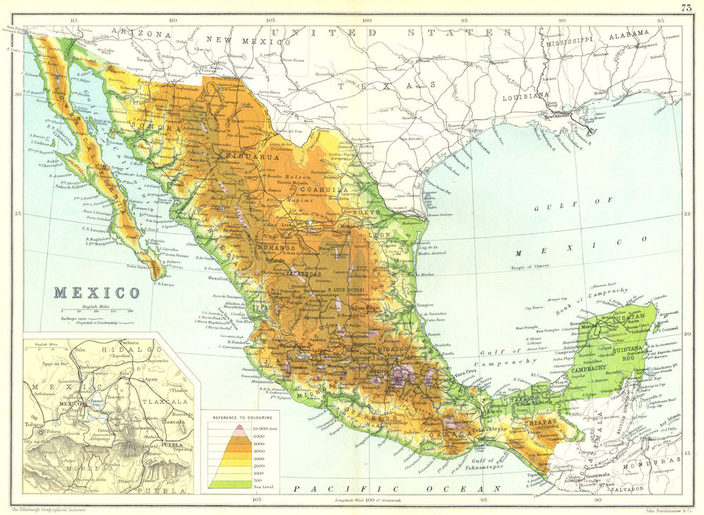 Old Map Inset MEXICO. Physical map. Inset map of Mexico City area 1909 old antique ...