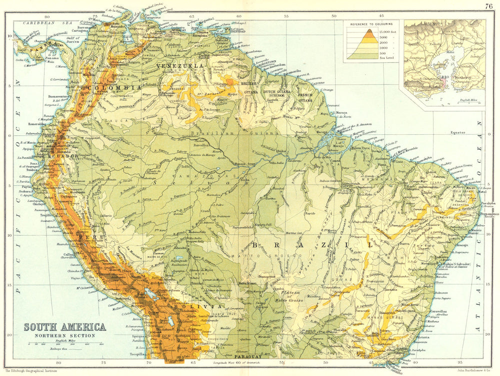 SOUTH AMERICA NORTHERN. Physical map; Inset map of Rio de Janiero 1909 old