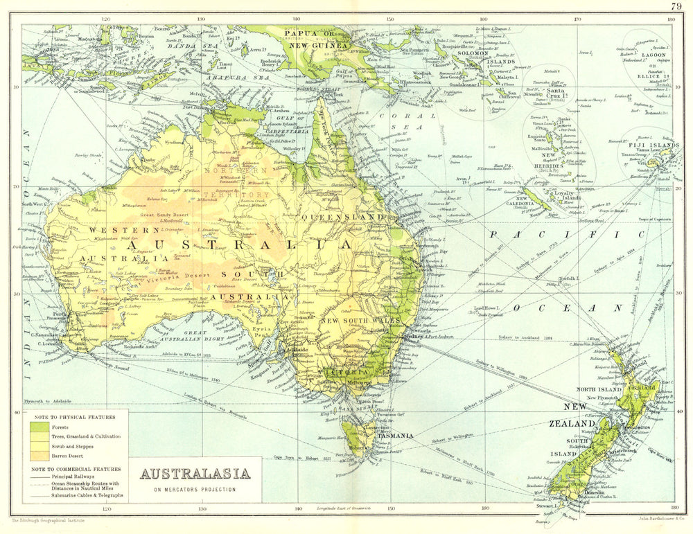 AUSTRALASIA. Physical. Railways steamship routes telegraph cables 1909 old map