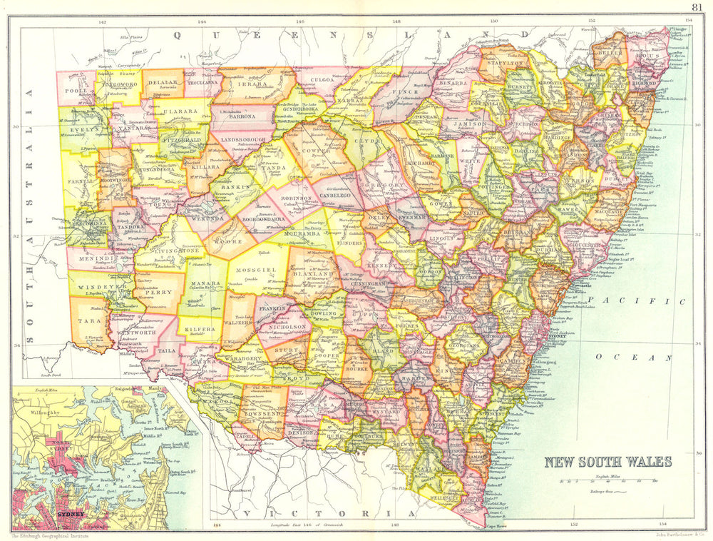 NEW SOUTH WALES. State map showing counties; Inset map of Sydney. Australia 1909