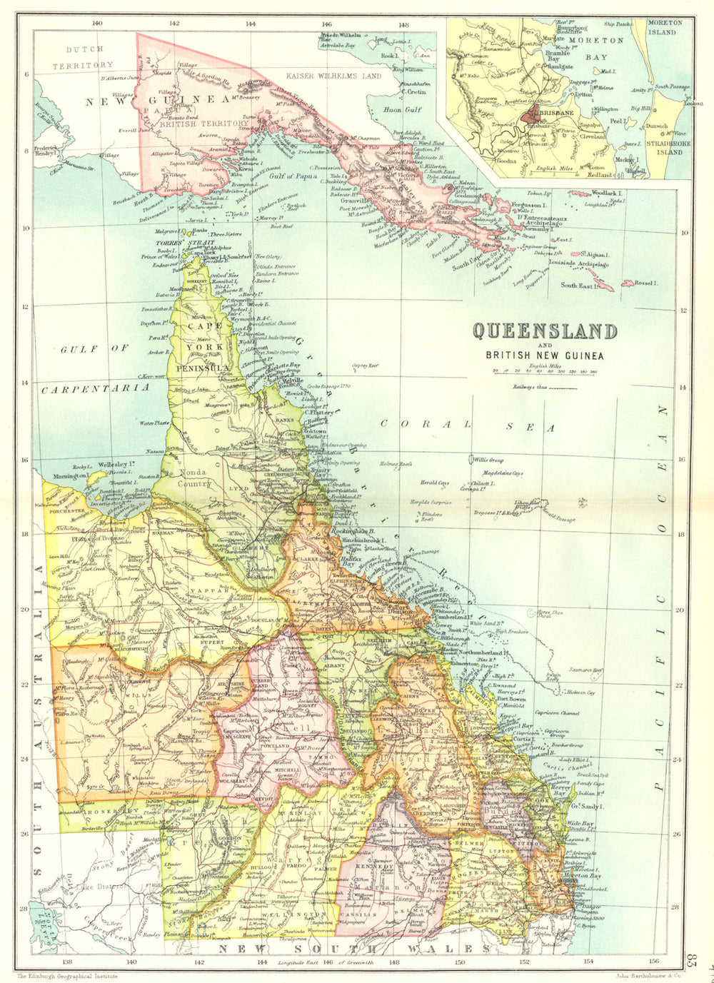 QUEENSLAND.State map.Counties.Inset Brisbane.Australia.British New Guinea 1909