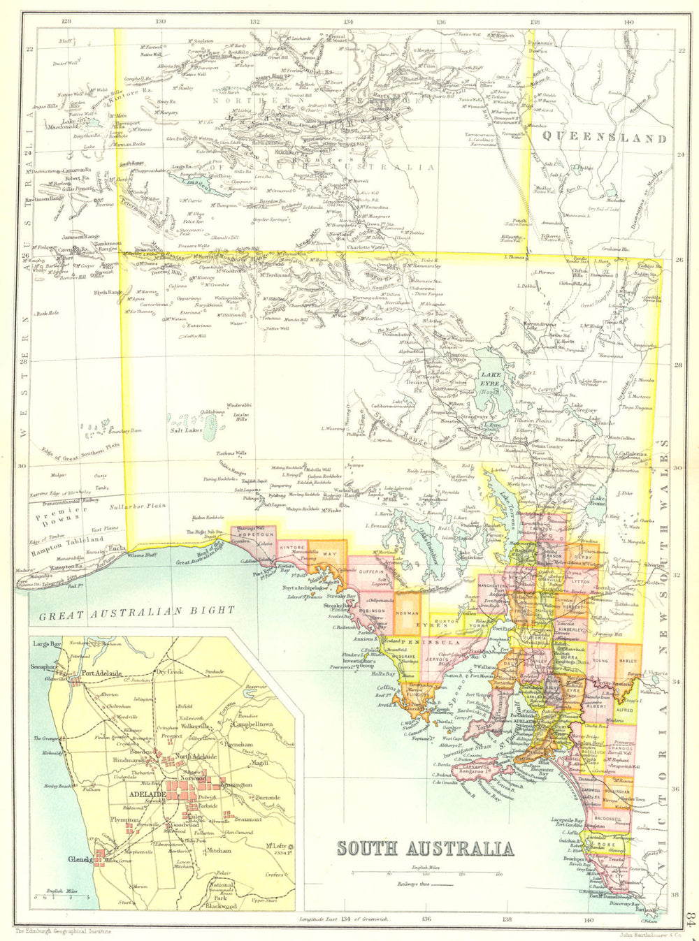 SOUTH AUSTRALIA. State map showing counties. Inset Adelaide. Australia 1909