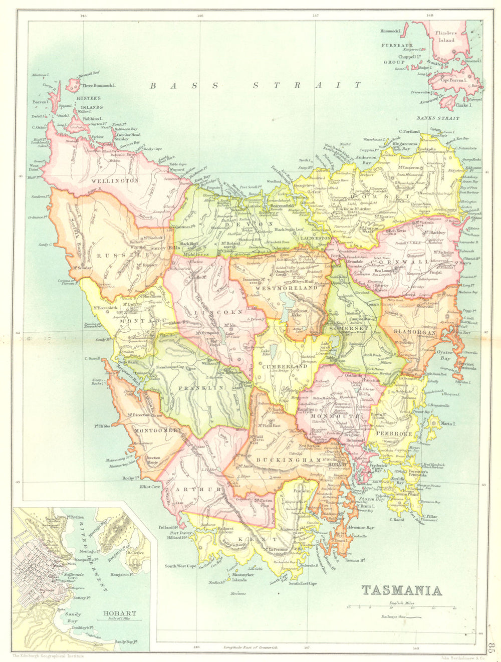 TASMANIA. State map showing counties. Inset plan of Hobart. Australia 1909