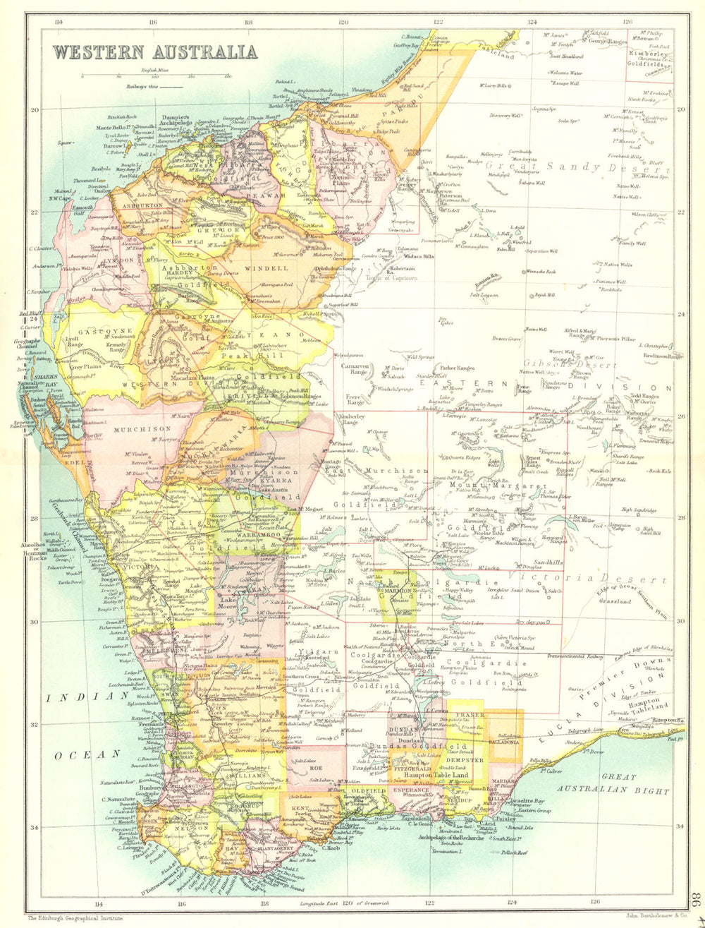 WESTERN AUSTRALIA. State map showing Counties Goldfields & Railways 1909