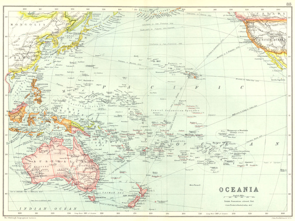 OCEANIA AUSTRALASIA. Pacific Ocean. Ocean steamship routes 1909 old map