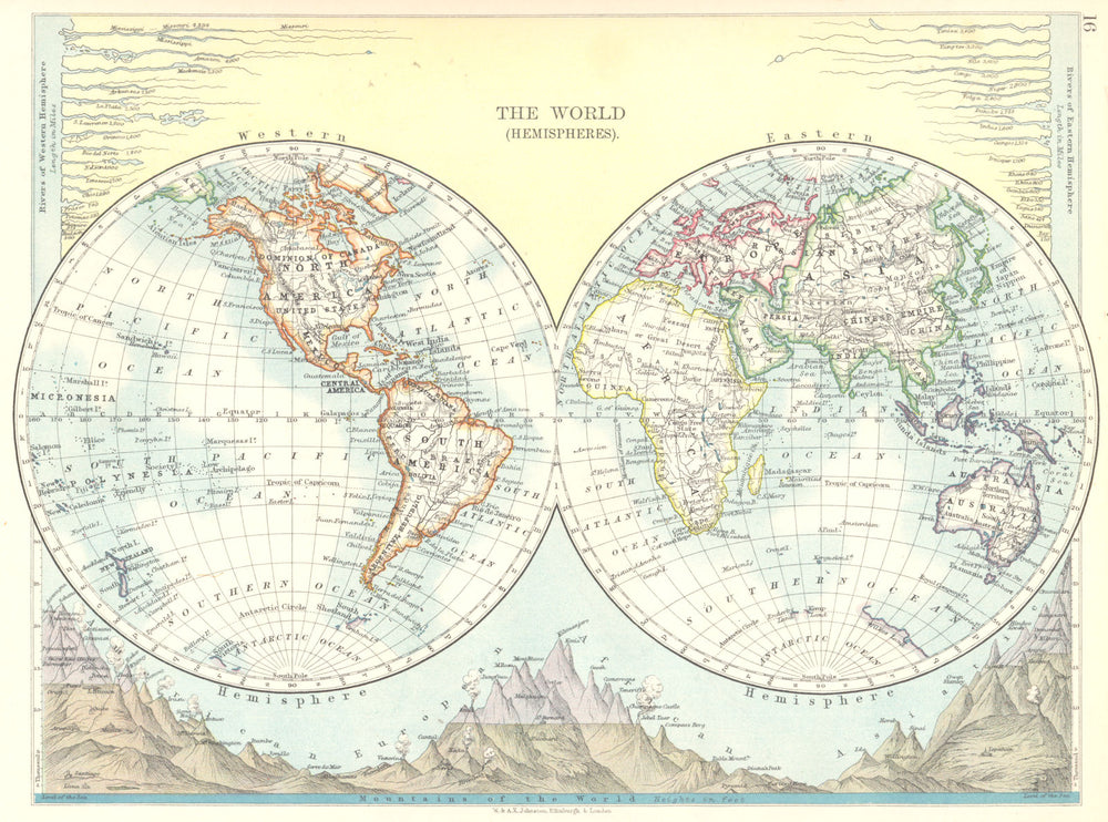 WORLD. The World (Hemispheres)  Rivers Mountains 1897 old antique map chart