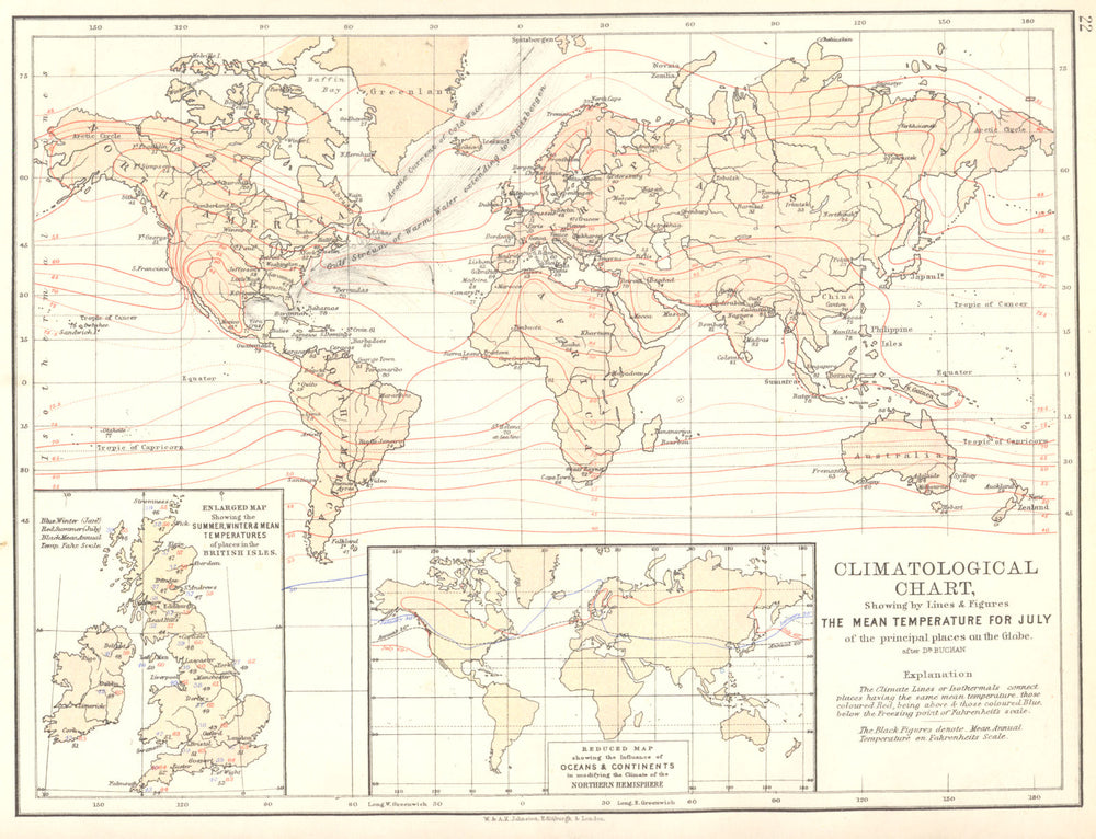 WORLD. Climatological chart; Influence Oceans Continents; temperatures 1897 map