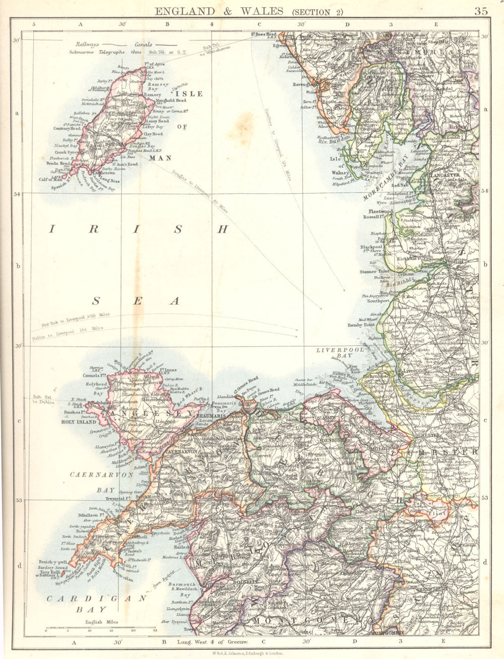 ENGLAND N.WALES.Isle of Man Lancs Anglesey Caernarvonshire Denbighshire 1897 map