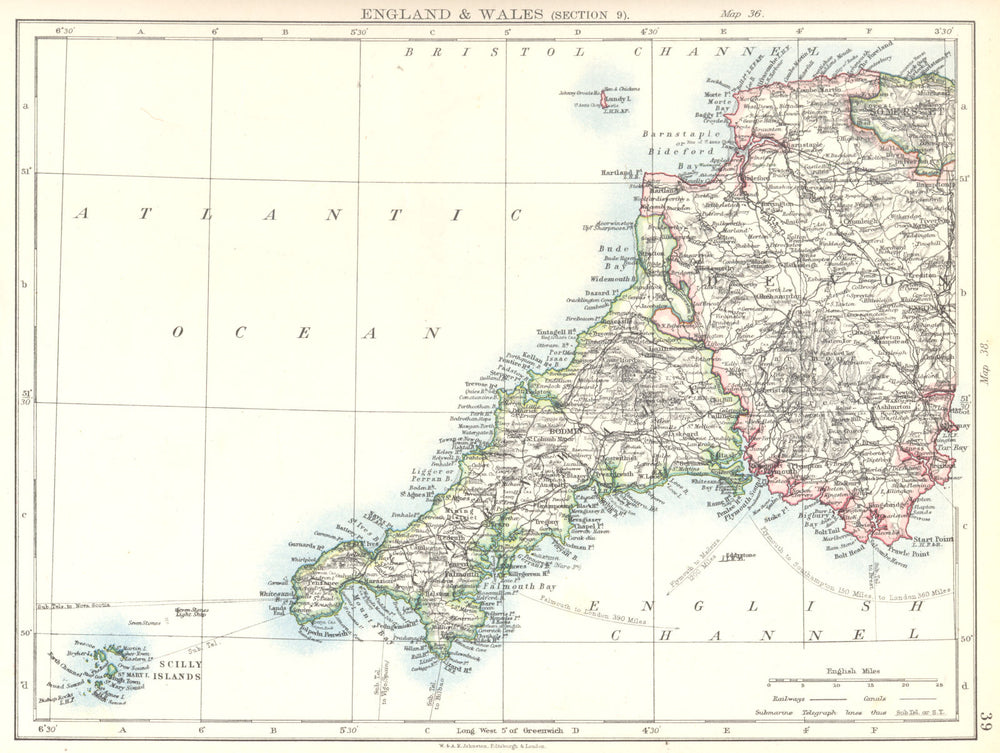 SOUTH WEST ENGLAND. Cornwall Devon Scilly Isles 1897 old antique map chart