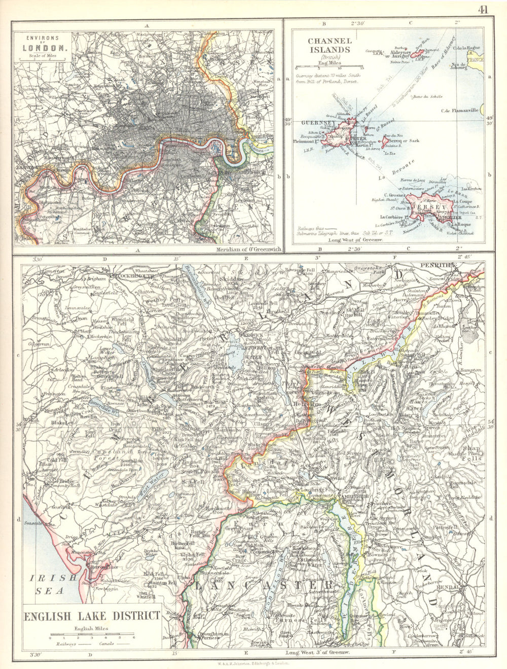 ENGLAND.Cumbria.Lake district. London; Channel Islands. Jersey Guernsey 1897 map
