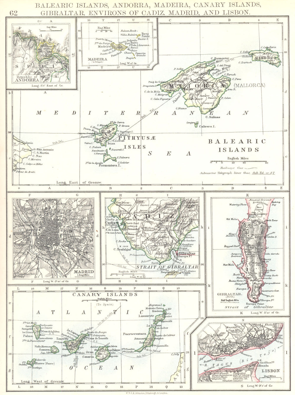 IBERIA.Balearics Andorra Madeira Canaries Gibraltar Cadiz Madrid Lisbon 1897 map