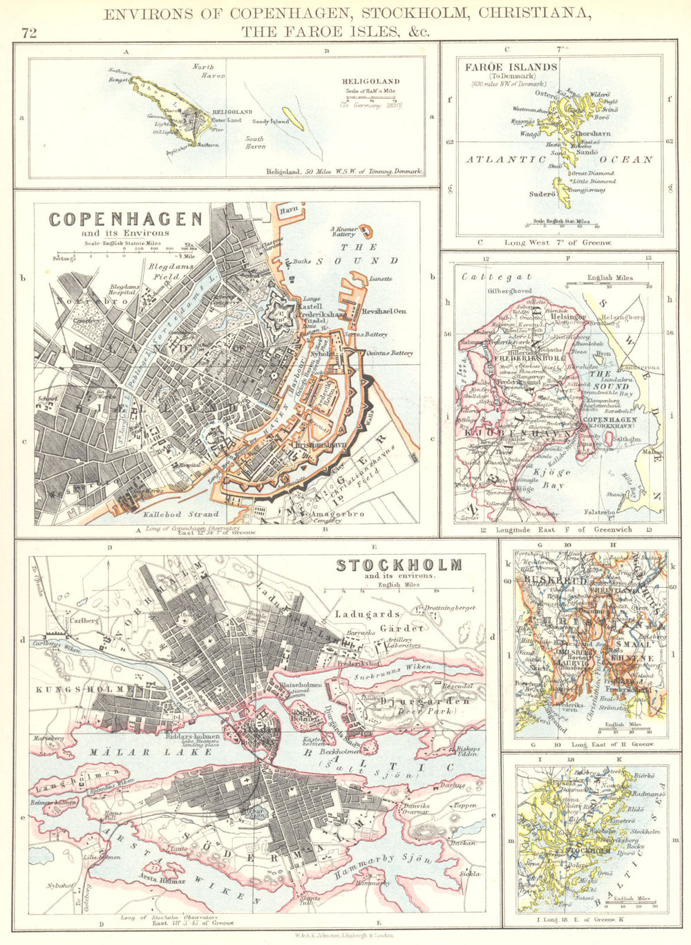 SCANDINAVIA.Copenhagen Stockholm Christiana Oslo Faröe Isles Heligoland 1897 map