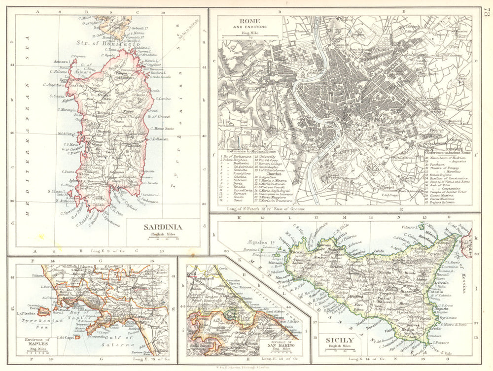 ITALY. Rome; Sicily; Republic of San Marino; Naples. Sardinia 1897 old map