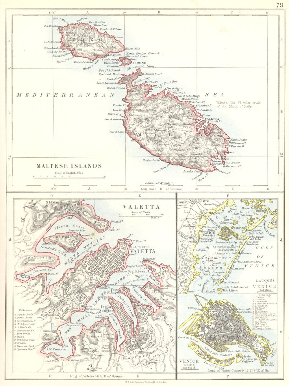 MALTA. Maltese Islands; Inset maps of Valetta; Venice 1897 old antique
