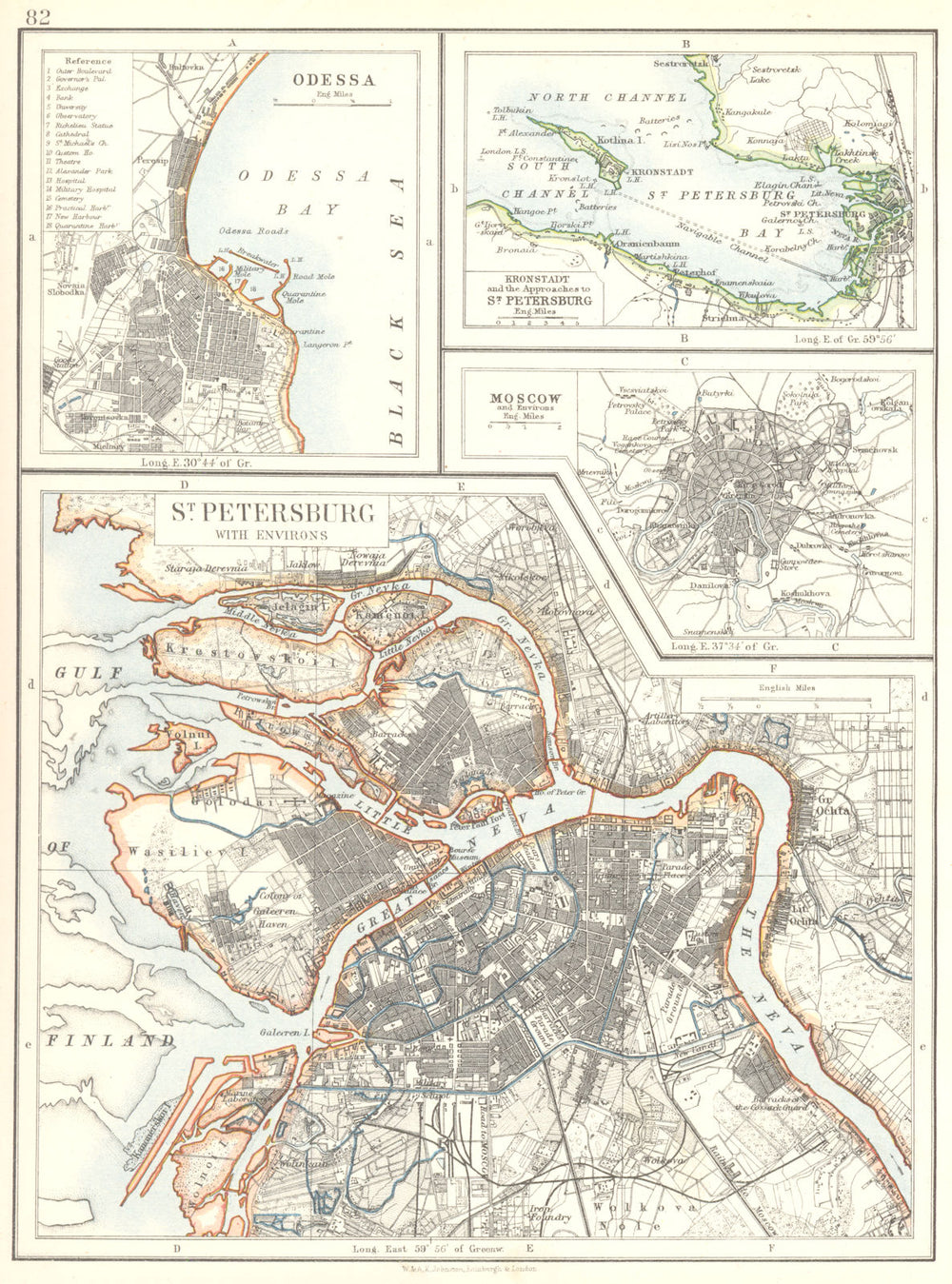 RUSSIA. St. Petersburg; Odessa; Kronstadt; Moscow 1897 old antique map chart