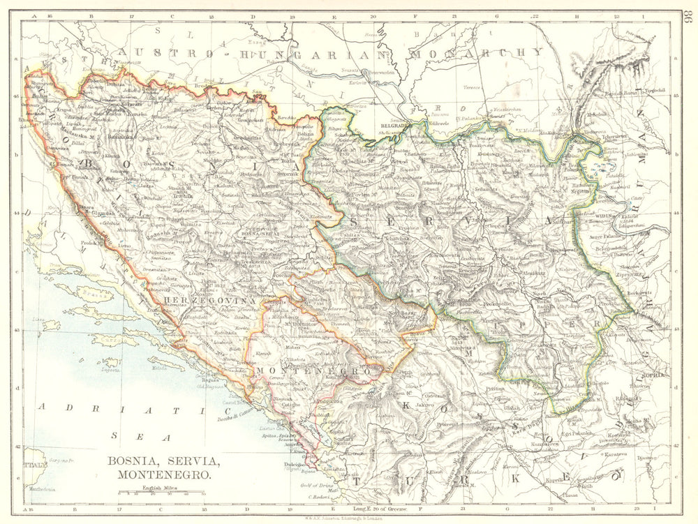 BALKANS. Bosnia Servia Serbia Montenegro Kosovo 1897 old antique map chart
