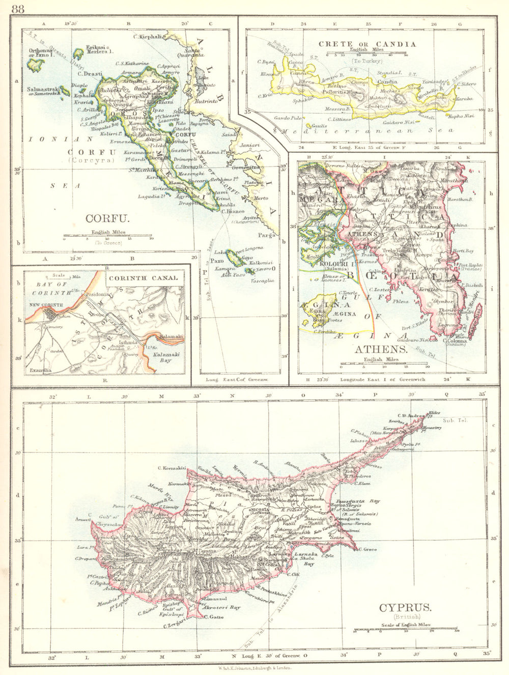 MEDITERRANEAN. Cyprus; Corfu; Candia Crete; Athens, Corinth Canal 1897 old map