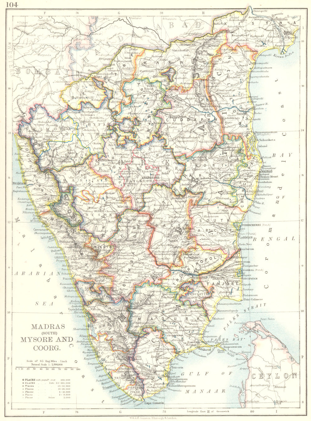 SOUTH INDIA.Kerala Tamil Nadu Karnataka Andhra Pradesh Chennai Mysore 1897 map