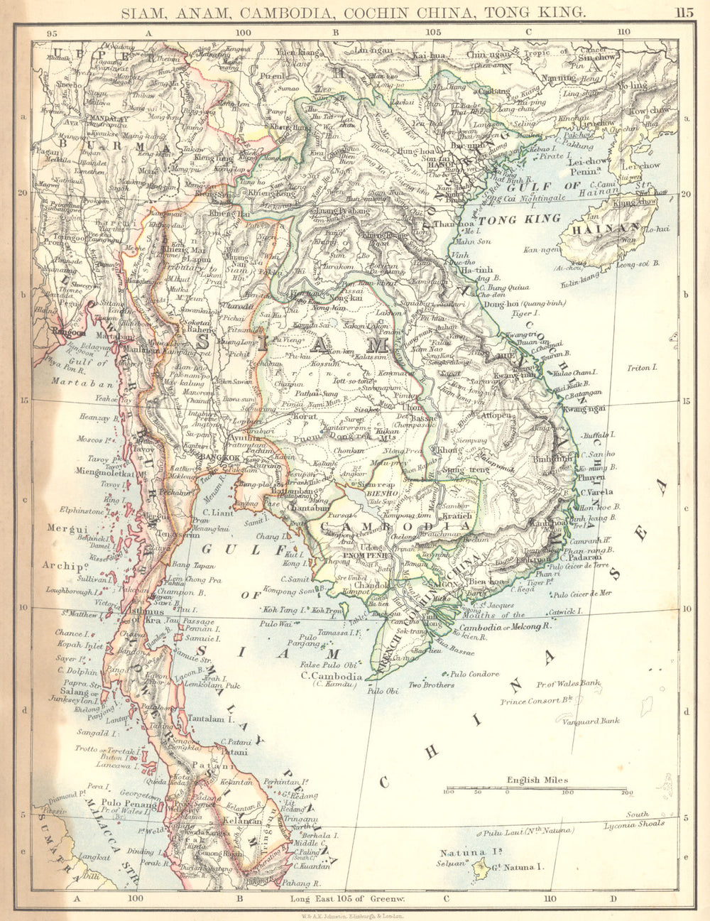 INDOCHINA.Thailand Anam Cambodia Cochinchina Tong king Burma Siam 1897 old map