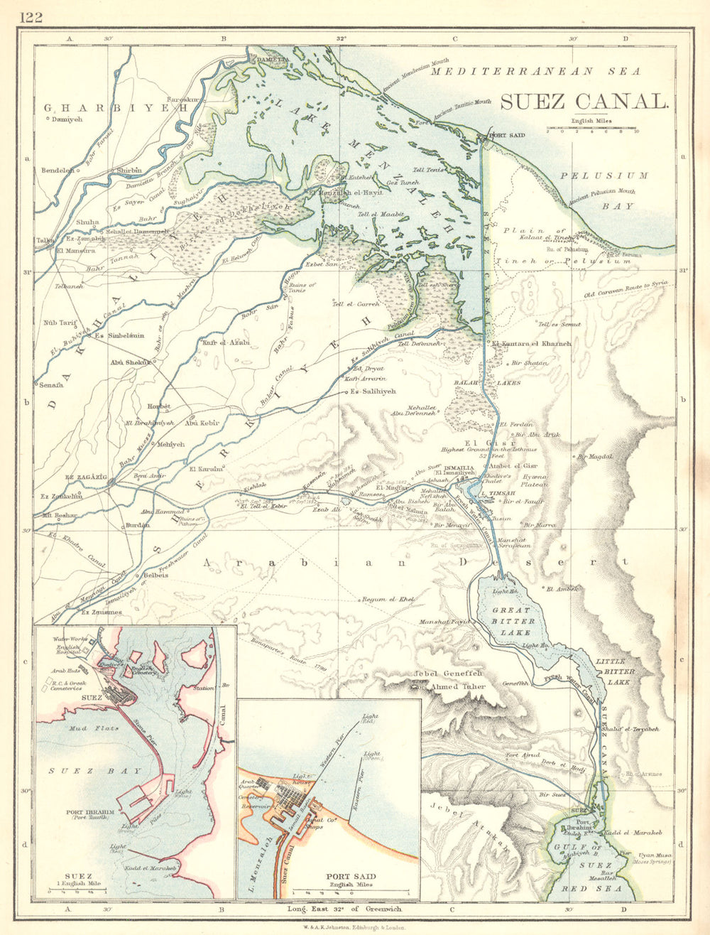 SUEZ CANAL.Suez Port Said town plans. Suez canal 1897 old antique map chart