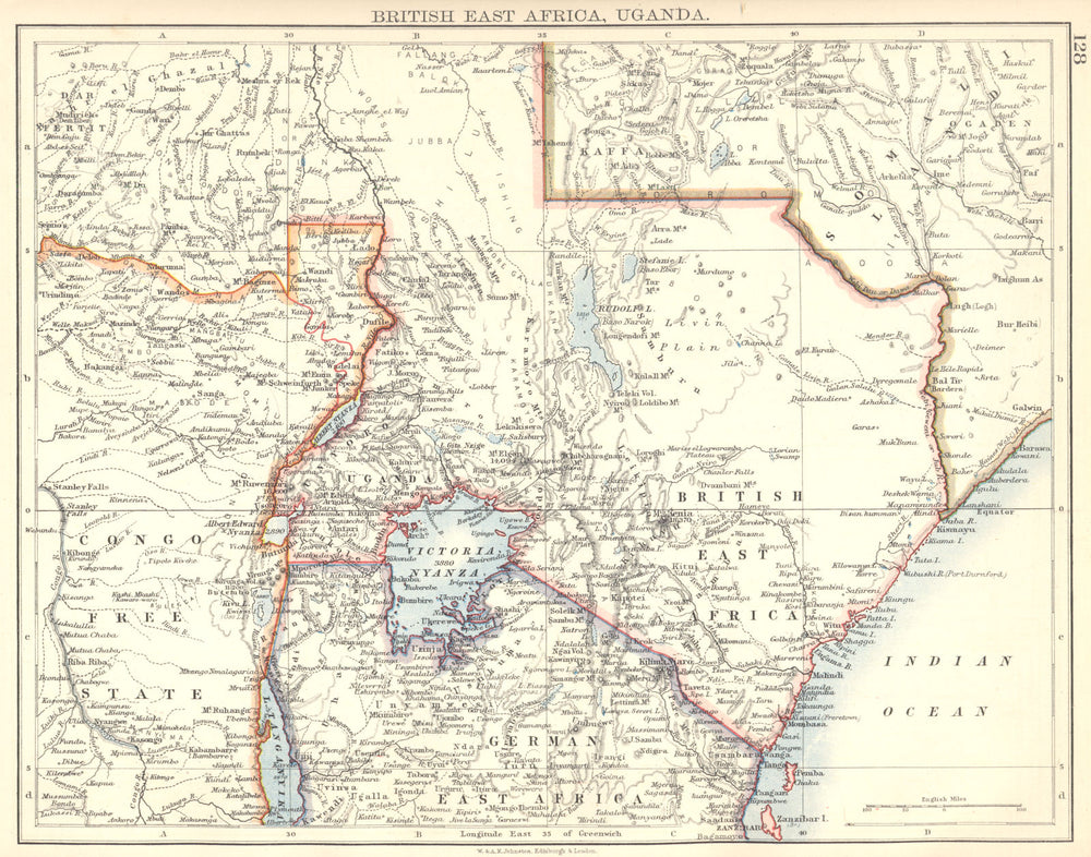 KENYA. British East Africa. Uganda. German East Africa Tanzania 1897 old map