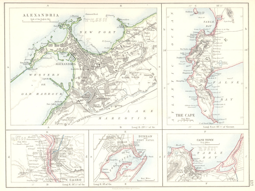 AFRICA CITIES. Alexandria; Cape of Good Hope;Cairo; Durban; Cape Town 1897 map