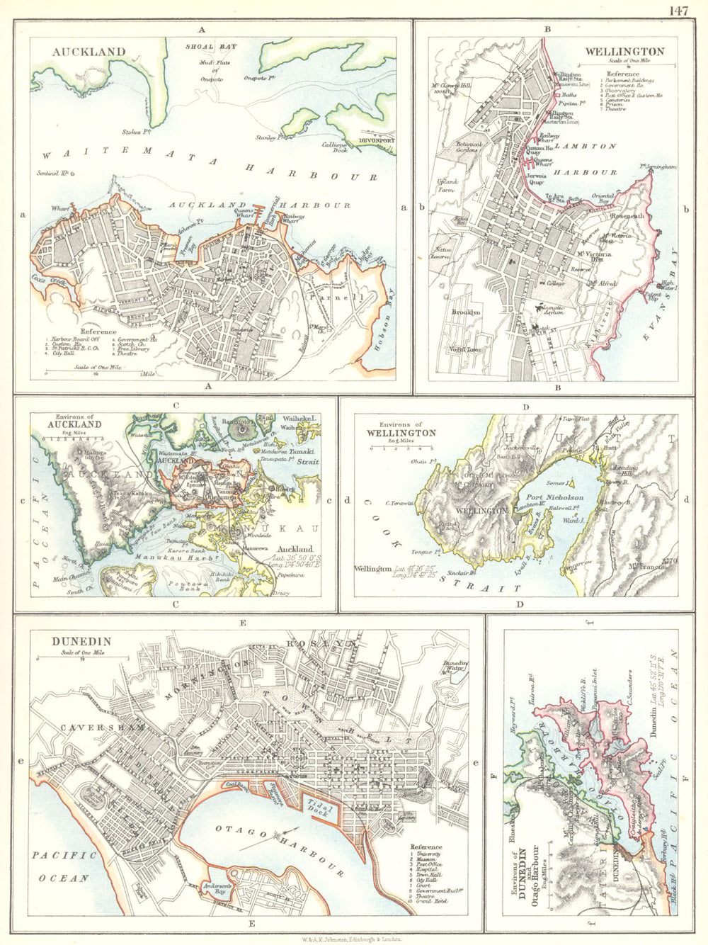 NEW ZEALAND CITIES. Auckland Wellington Dunedin Otago Harbour 1897 old map