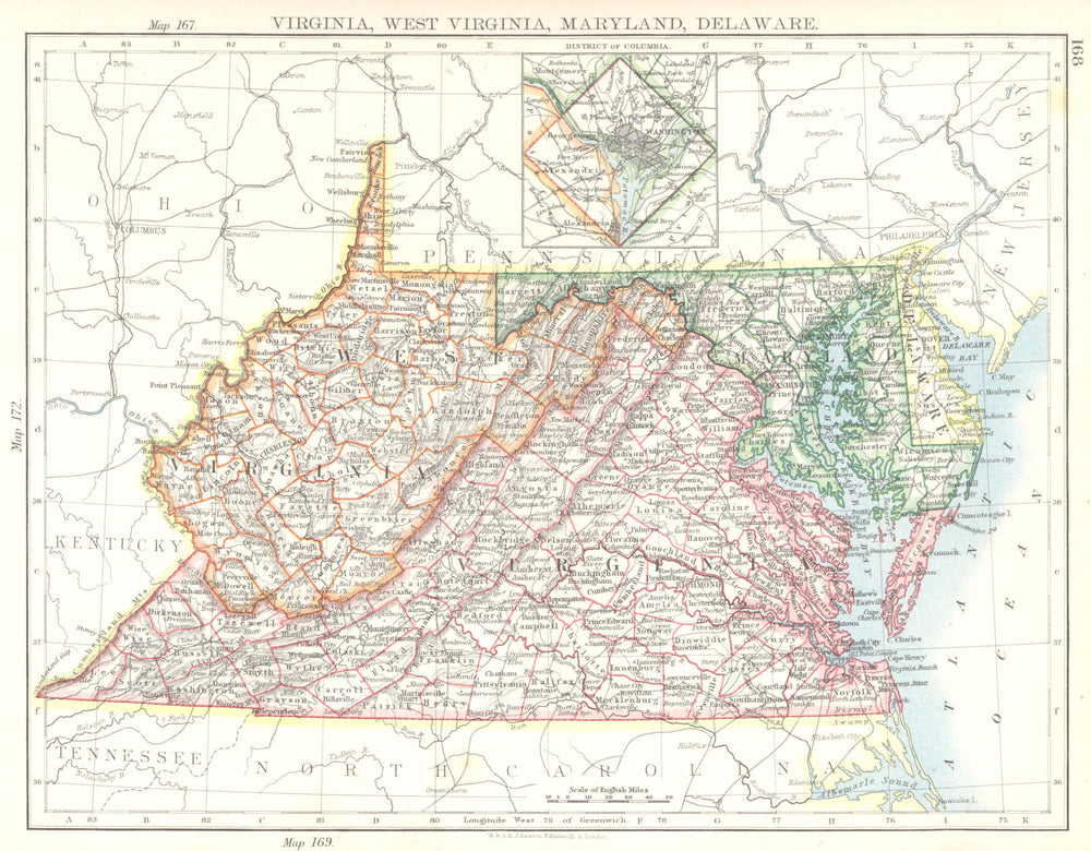 USA. Virginia, West Virginia, Maryland, Delaware 1897 old antique map chart