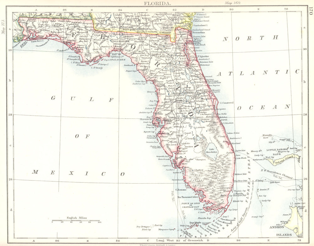 FLORIDA. Florida state map 1897 old antique vintage plan chart