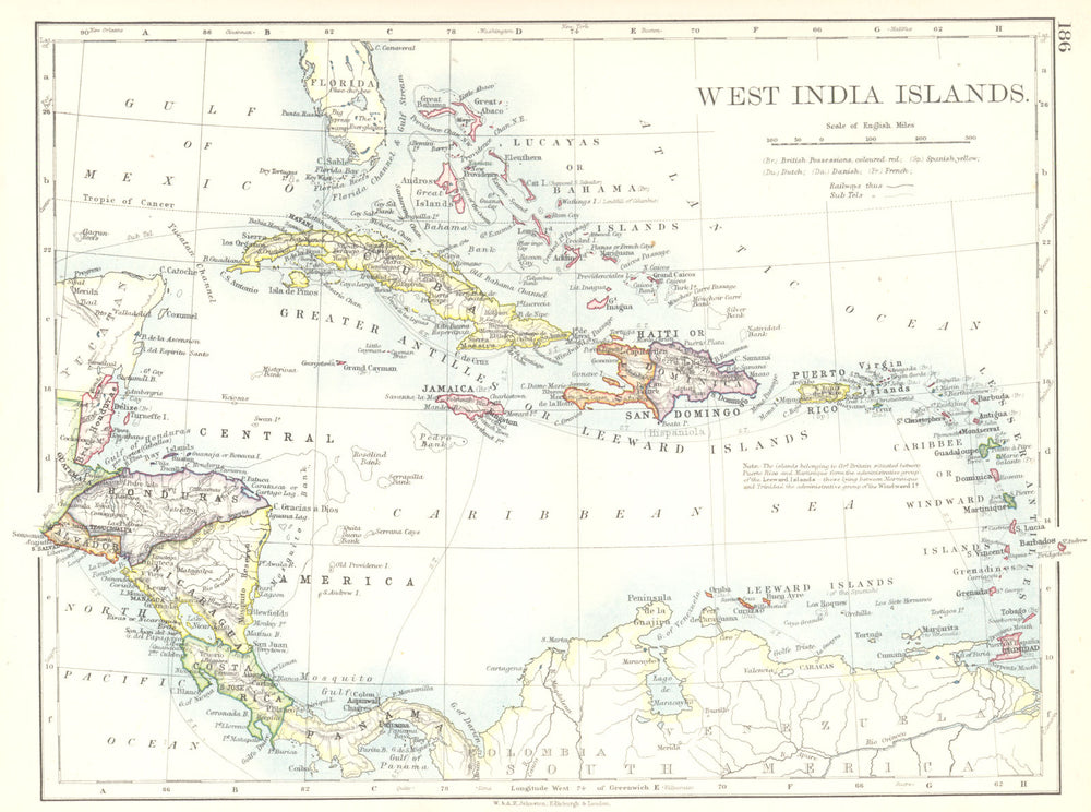 CARIBBEAN. West Indies & Central America. West India Islands 1897 old map