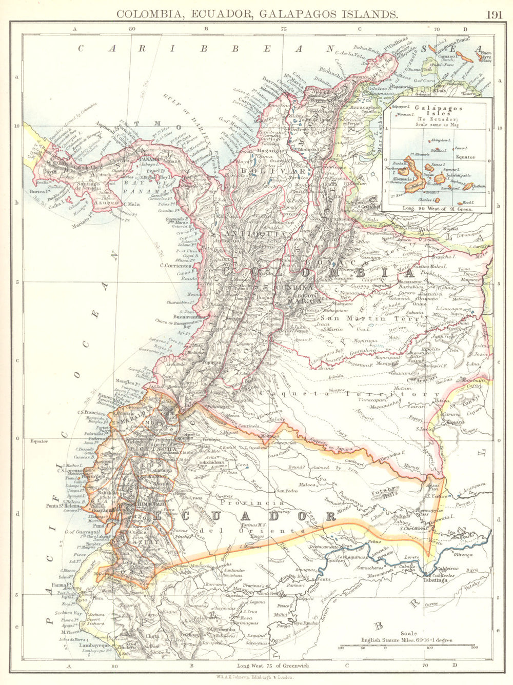COLOMBIA ECUADOR. South America. Inset Galapagos Islands 1897 old antique map