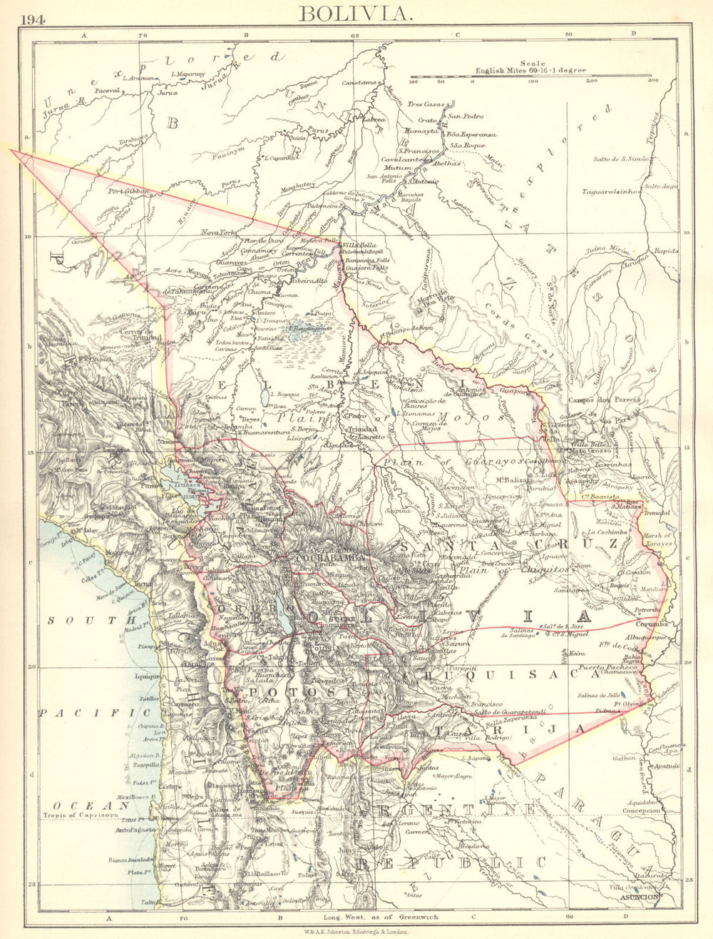 BOLIVIA. Bolivia map 1897 old antique vintage plan chart