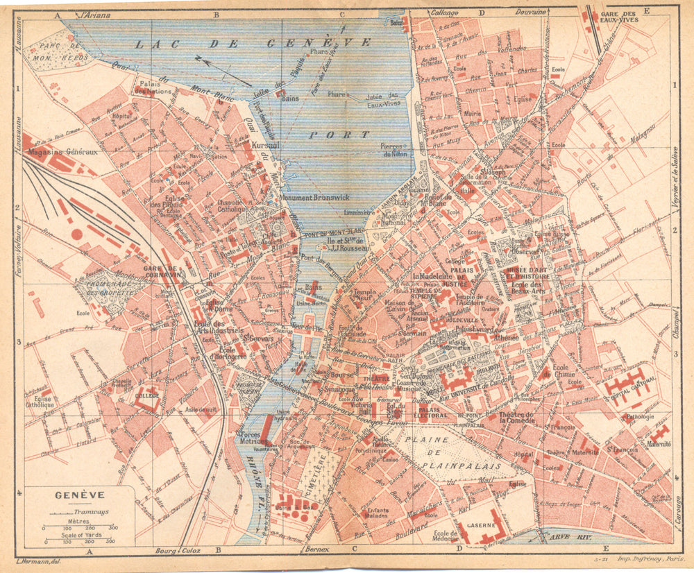 SWITZERLAND. Genève 1925 old vintage map plan chart