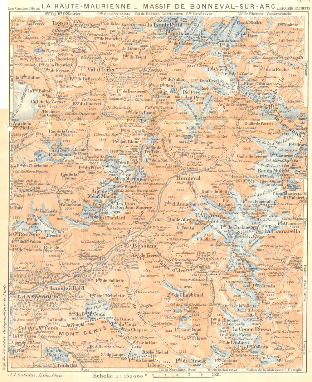 SAVOIE. La Haute- Maurienne- Massif de Bonneval- sur- Arc 1925 old vintage map