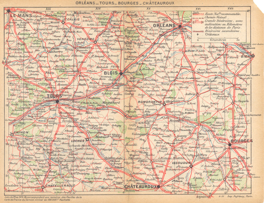 LOIRET. Orléans- Tours- Bourges- Châteauroux 1922 old antique map plan chart