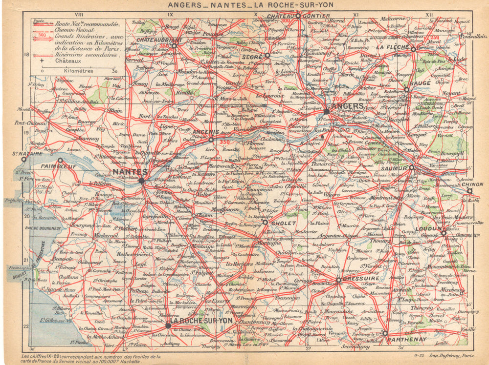 MAINE- ET- LOIRE. Angers- Nantes- La Roche- sur- Yon 1922 old antique map