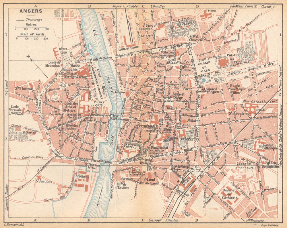 MAINE- ET- LOIRE. Angers 1922 old antique vintage map plan chart