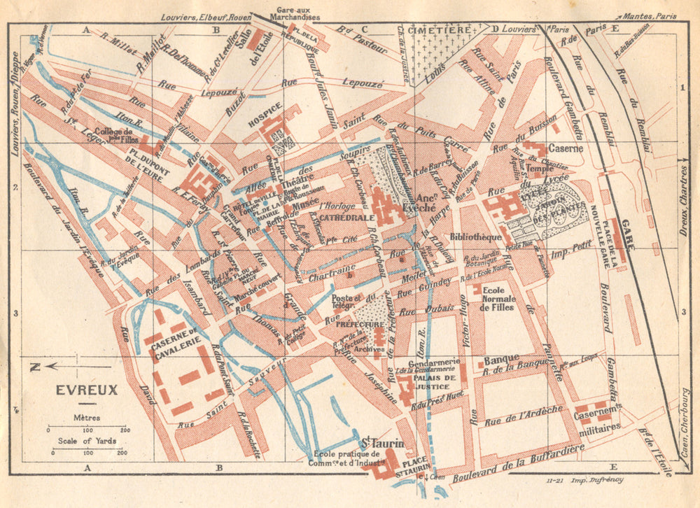 EURE. Evreux 1921 old antique vintage map plan chart
