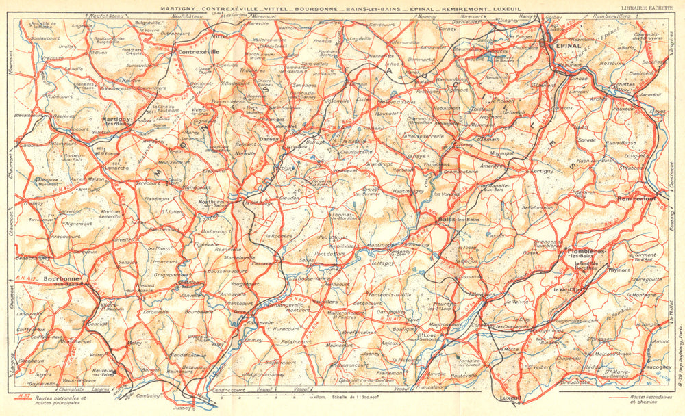 VOSGES.Martigny-Contrexéville-Vittel-Bourbonne-Bains-Epinal-Rimiremont 1939 map