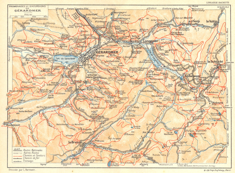 VOSGES. Promenades et Excursions de Gérardmer 1939 old vintage map plan chart