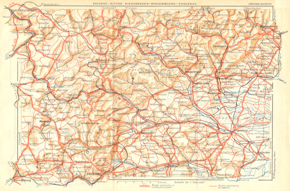 BAS- RHIN. Saverne- Bitche- Niederbronn- Wissembourg- Haguenau 1939 old map