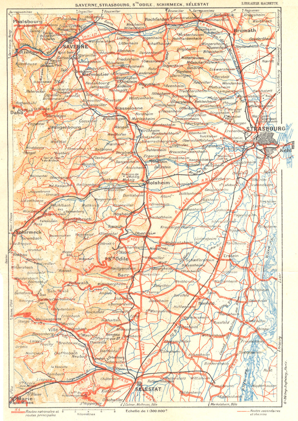 BAS- RHIN. Saverne, Strasbourg, Ste. Odile, Schirmeck, Sélestat 1939 old map