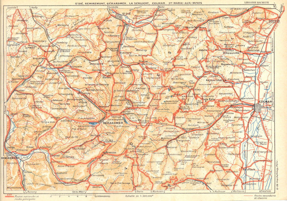 VOSGES.St.Dié,Remiremont,Gérardmer,Schlucht,Colmar,Ste Marie--Mines 1939 map