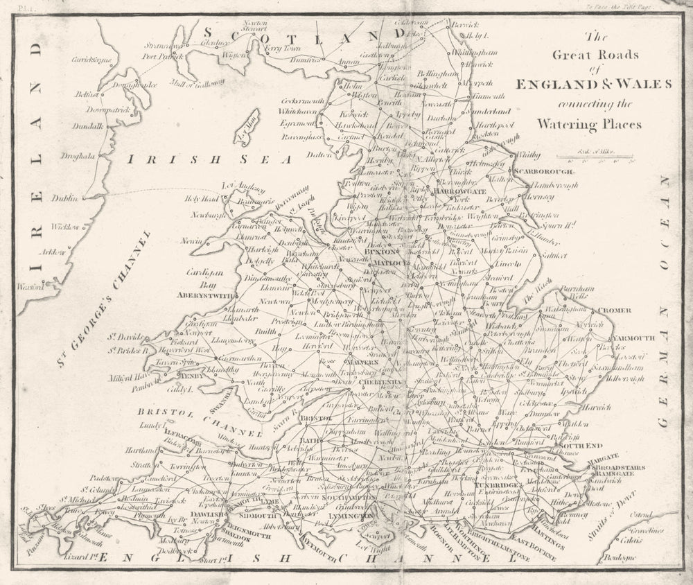 UNITED KINGDOM. Great roads of England Wales connecting watering places 1808 map