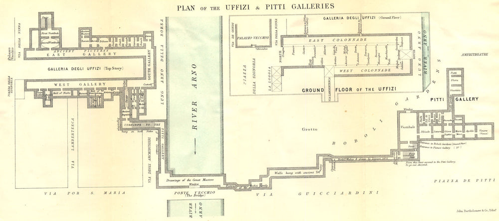 FLORENCE. Plan of the Uffizi & Pitti Galleries 1888 old antique map chart